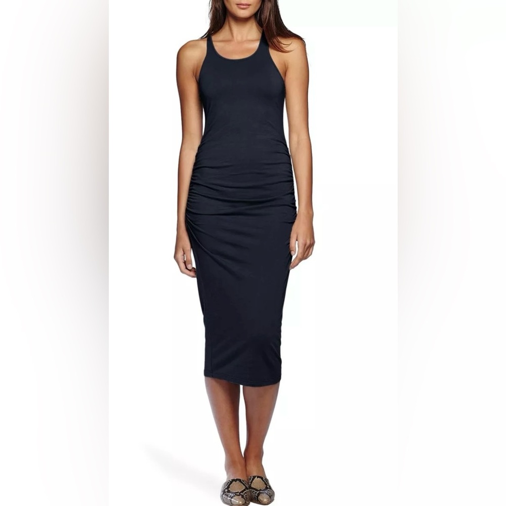 Michael Stars Dress Womens Medium Black Sleeveless Ruched Bodycon Stretch Midi